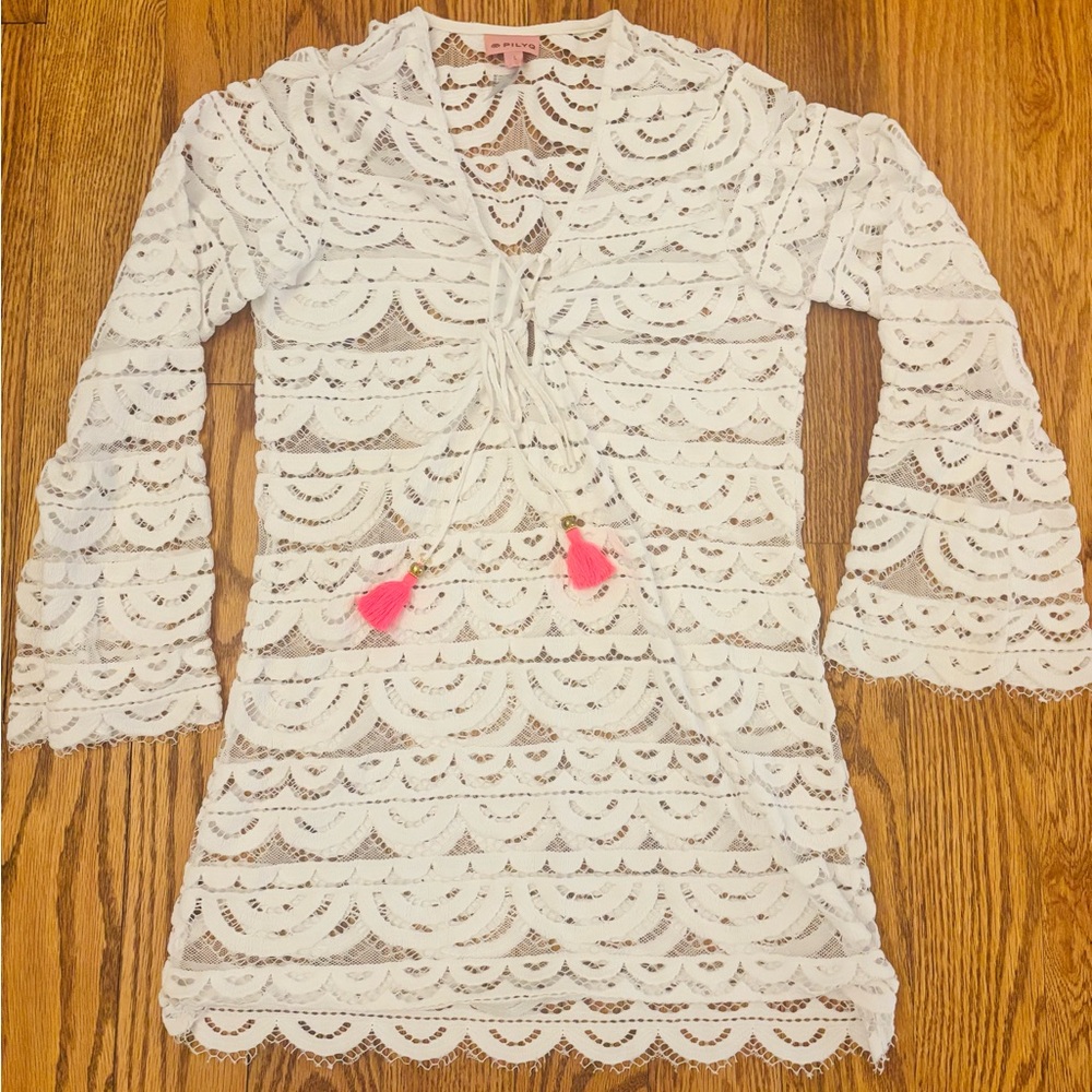 PilyQ White Lace Cover-Up with Pink Tassels